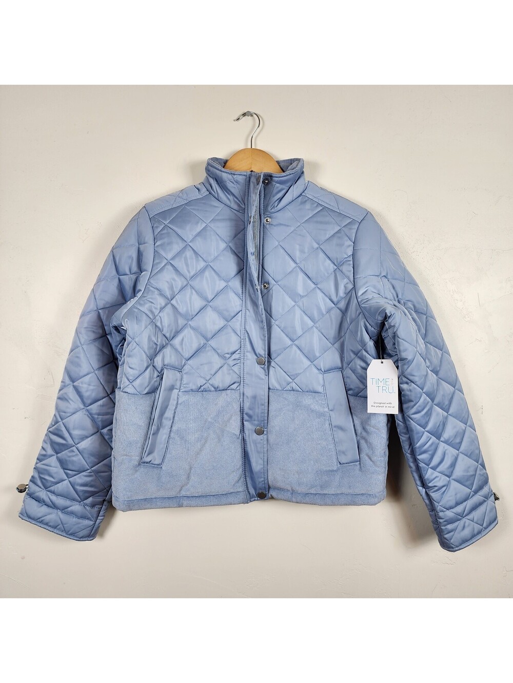 Time and Tru Womens Light Blue Quilted Puffer Jacket Corduroy Trim Med 8-10 NEW